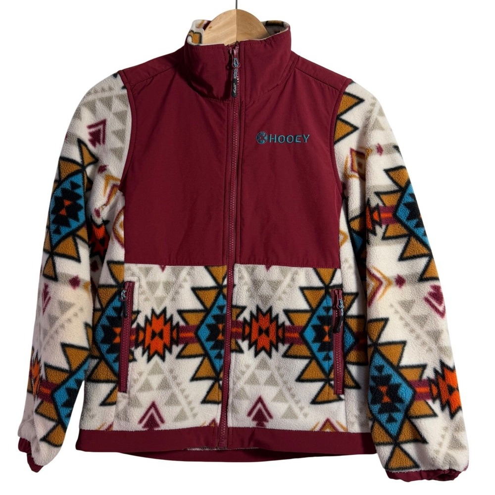Hooey Fleece Jacket Kids Large Burgundy Southwestern‎ Aztec Full Zip Mock Neck